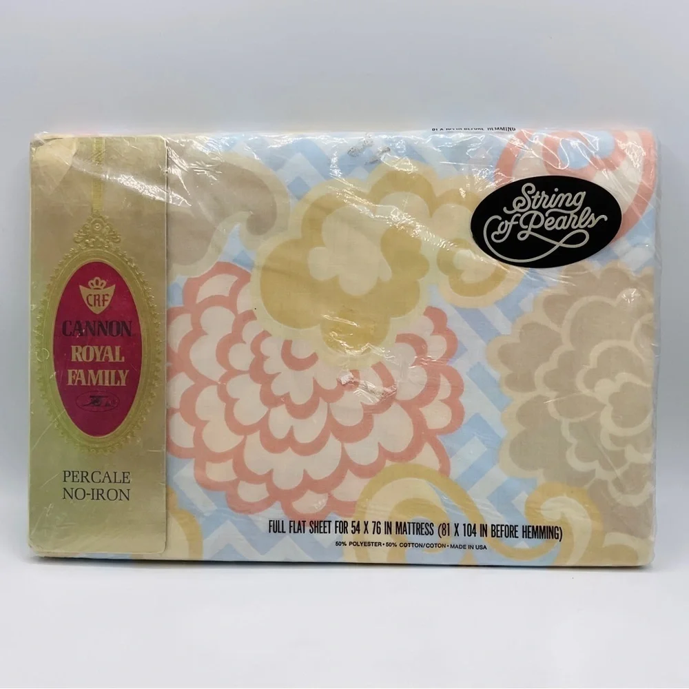 Vtg Cannon Royal Family Full Flat Sheet & Two Pillowcases String Of Pearls NOS